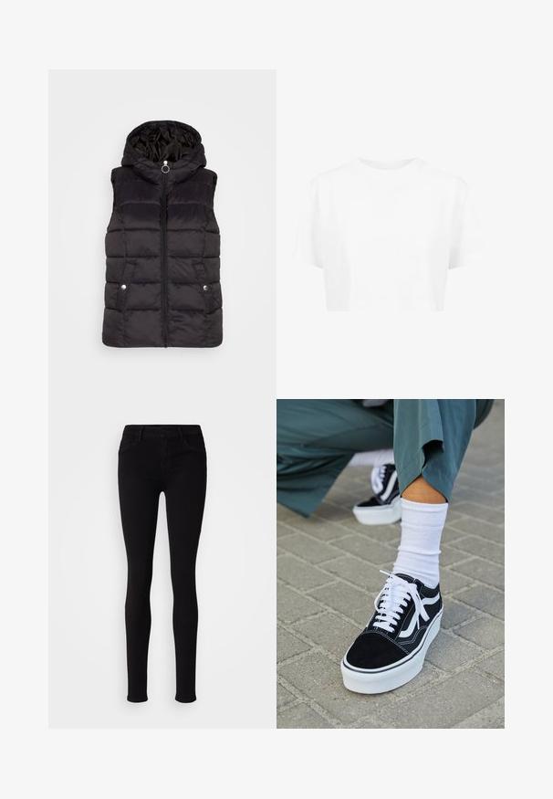 JDY JDYZULU SHORT HOOD WAISTCOAT - Veste sans manches - black; T-shirt blanche raccourcie, à manches courtes, col rond, en tissu lisse, sans motifs visibles ni quincaillerie distincte.; Pantalons slim fit noirs avec fermeture à bouton, passants de ceinture et poches avant, présentés sur un fond clair et uni.; Baskets en suède noir avec des accents et des lacets blancs, présentant une épaisse semelle blanche et des coutures contrastantes, associées à une chaussette blanche.