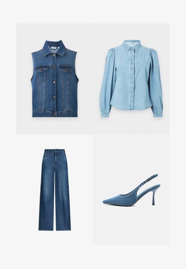 Μπλε χωρίς μανίκια denim γιλέκο με μεταλλικά κουμπιά και δύο τσεπάκια στο στήθος με κουμπιά, που διαθέτει κλασικό γιακά και κάθετες ραφές.; Φωτεινό γαλάζιο τζιν πουκάμισο με μυτερό γιακά, κουμπιά μπροστά και μακριά φουσκωτά μανίκια. Λεία υφή με στρογγυλεμένη γραμμή στο τελείωμα.; Τζιν από μπλε denim με ψηλή μέση και φαρδύ πόδι, με διακοσμητικά κουμπιά στο πλάι και μπροστινές τσέπες, στυλιζαρισμένο με κουμπί και κλείσιμο με φερμουάρ.; Μπλε τζιν γόβα με μυτερή μύτη, ψηλό τακούνι και λουράκι με ασημένιες τρύπες και ρυθμιζόμενη αγκράφα.