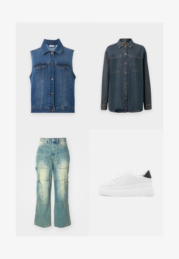 Μπλε χωρίς μανίκια denim γιλέκο με μεταλλικά κουμπιά και δύο τσεπάκια στο στήθος με κουμπιά, που διαθέτει κλασικό γιακά και κάθετες ραφές.; Νεανικό τζιν πουκάμισο σε σκούρο μπλε χρώμα με κουμπιά μπροστά, δύο τσέπες στο στήθος, μακρύ μανίκι και κλασικό γιακά. Μαλακή υφή με ελάχιστη φθορά.; Ανοιχτό μπλε τζιν cargo παντελόνι με φαρδιά κοπή, διαθέτοντας πολλές τσέπες και ξεθωριασμένη υφή. Λεπτομέρειες περιλαμβάνουν κλείσιμο με κουμπί και ραφές.; Λευκά πλατφόρμα αθλητικά παπούτσια κατασκευασμένα από λείο συνθετικό υλικό, με στρογγυλή μύτη, σχέδιο με κορδόνια και υφασμένη καουτσούκ σόλα. Μαύρη έγχρωμη λεπτομέρεια στη φτέρνα.