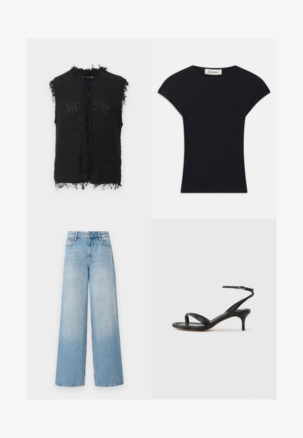 Sort, ærmeløs vest med et tekstureret, vævet design, flossede kanter og uden lukninger; har to forlommer og åben front.; Sort kortærmet top lavet af blødt stof, med rund halsudskæring og en tætsiddende form med diskrete skulderdetaljer. Mærke synligt.; Lyseblå brede jeans med høj talje, der har falmede ben, bæltestropper og traditionel metalknap samt lynlås lukning.; Sort damesandal i læder med tynde remme, en tå-loop, ankelspænde og en mellemhøj stiletthæl på en neutral baggrund.