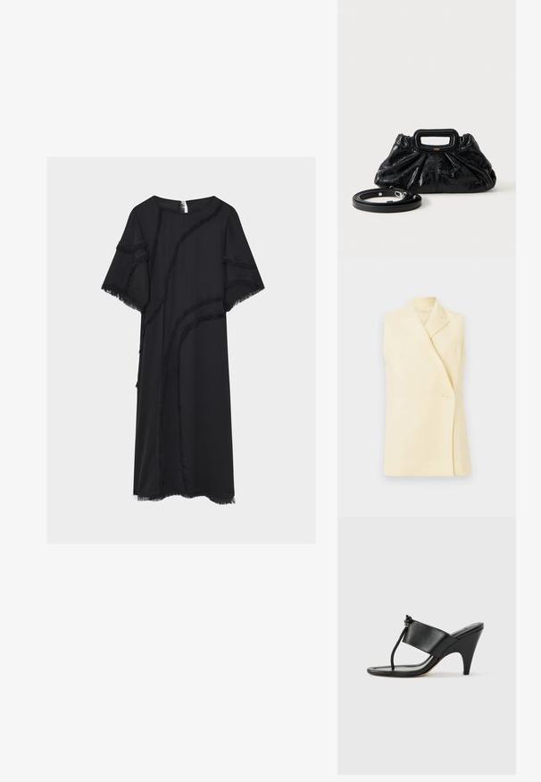 Blazer jaune sans manches avec un col à revers, une fermeture à bouton unique et une coupe ajustée. Tissu doux avec une texture lisse.; Robe midi noire à manches courtes, encolure ronde et bordure décorative à franges aux motifs courbés sur le devant, les manches et l’ourlet.; Sandale noire à talon haut avec une large bride avant et une boucle d'orteil dotée d'un détail de corde nouée, vue de profil sur fond blanc.; Petit sac à main en cuir noir avec texture froncée, poignée rectangulaire et fine bandoulière amovible placée à côté.