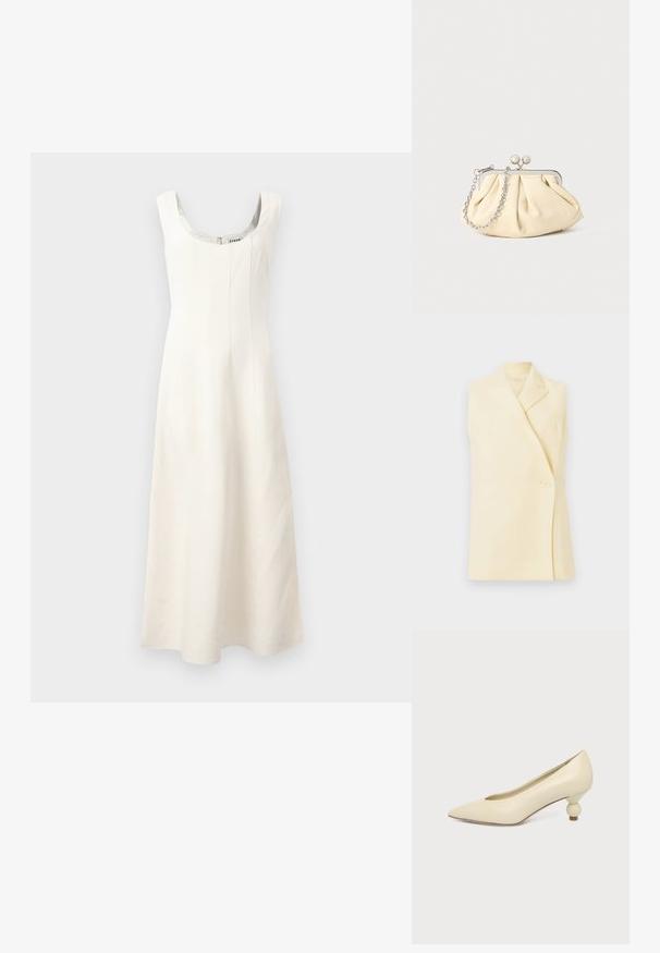 Blazer jaune sans manches avec un col à revers, une fermeture à bouton unique et une coupe ajustée. Tissu doux avec une texture lisse.; Robe sans manches blanche avec un décolleté arrondi, corsage ajusté et jupe fluide. Présente des coutures verticales et une fermeture éclair dissimulée au dos.; Chaussure femme couleur crème à bout pointu avec un petit talon rond en forme de boule, sur fond uni.; Pochette en cuir beige plissé avec un cadre en métal argenté, dotée de deux fermoirs ronds décoratifs et d'une chaîne en argent.