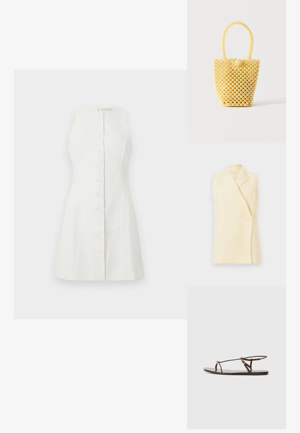 Ärmelloser gelber Blazer mit Spitzkragen, Einzelknopfverschluss und taillierter Form. Sanfter Stoff mit glatter Struktur.; Weißes ärmelloses Kleid aus Leinen, mit Knopfleiste vorne, figurnaher Passform und feiner Textur, zusätzlich mit einem einfachen Reißverschluss auf der Rückseite.; Braune Leder-Sandale mit dünnen Riemen, einem goldenen, runden Akzent und einer flachen Sohle. Minimalistisches Design mit einem verstellbaren Schnallen-Detail.; Kleine Beuteltasche aus glänzenden cremefarbenen Perlen mit einem Schlaufenhenkel aus Perlen und dekorativem Perlenknoten als Verschluss.