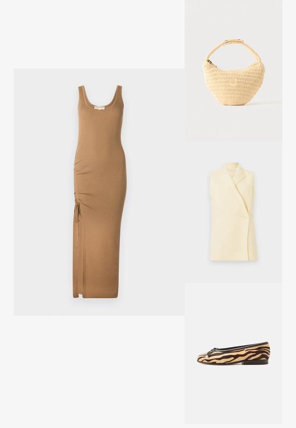 Blazer sin mangas amarillo con solapa, cierre de un solo botón y forma entallada. Tejido suave con una textura lisa.; Vestido maxi de punto acanalado en marrón claro, con escote redondo y fruncido lateral ajustable con lazos para un mejor ajuste.; Zapato plano de ballet con estampado de rayas de tigre, ribete negro, pequeño lazo en la parte delantera y tacón bajo apilado sobre fondo blanco.; Bolso tejido beige con cuerpo redondeado, cierre de cremallera y una correa corta y gruesa en un estilo de crochet simple y texturizado.