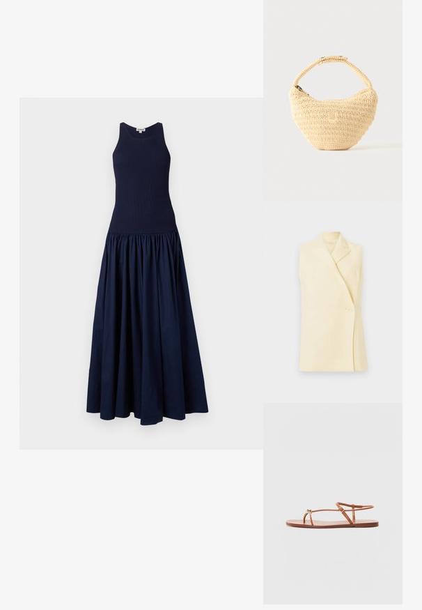 Blazer jaune sans manches avec un col à revers, une fermeture à bouton unique et une coupe ajustée. Tissu doux avec une texture lisse.; Robe bleu marine avec un corsage ajusté à côtes et une jupe bouffante et volumineuse. Fabriquée dans un tissu lisse avec une finition mate.; Loeffler Randall LARA STRAPPY - Sandales tongs - timber; Sac à main beige tissé avec corps arrondi, fermeture éclair et une sangle courte et épaisse dans un style crochet simple et texturé.
