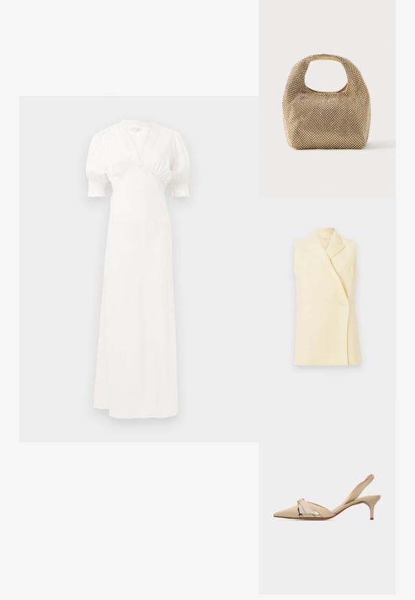 Blazer sin mangas amarillo con solapa, cierre de un solo botón y forma entallada. Tejido suave con una textura lisa.; Vestido maxi blanco con mangas abullonadas, escote en V profundo y detalle de cuerpo fruncido. Tejido suave con un sutil brillo. Sin cierres visibles ni patrones.; Zapato slingback beige de punta estrecha con detalle de nudo decorativo en la parte superior y un tacón bajo y delgado tipo kitten heel.; Bolso pequeño de tono dorado cubierto de tachuelas redondas brillantes con un asa corta y un recorte rectangular en la parte superior.