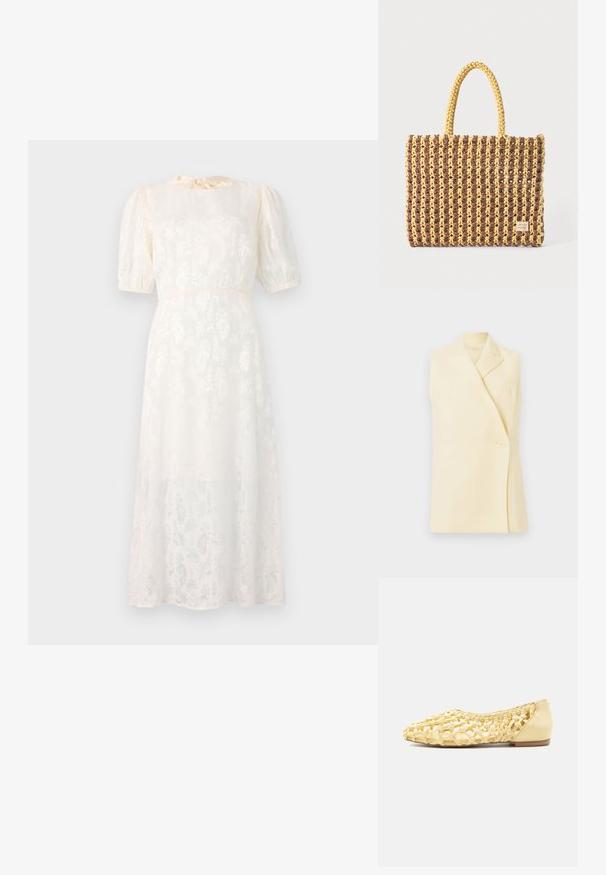 Mouwloze gele blazer met een gekartelde kraag, een enkele knopenclosure en een getailleerde pasvorm. Zachte stof met een gladde textuur.; Witte jurk met bloemenpatroon, gemaakt van lichte stof, met korte puffmouwen en een gestrikte halslijn, en een vloeiende, knielange Silhouet.; Lichtgele gevlochten leren platte schoen met gesloten hiel en open rasterpatroon, geschikt voor casual gebruik.; Geweven tas in bruin en geel, met een rechthoekige vorm, twee handvatten en een textuurafwerking met zichtbare stiksels en een merketiket.