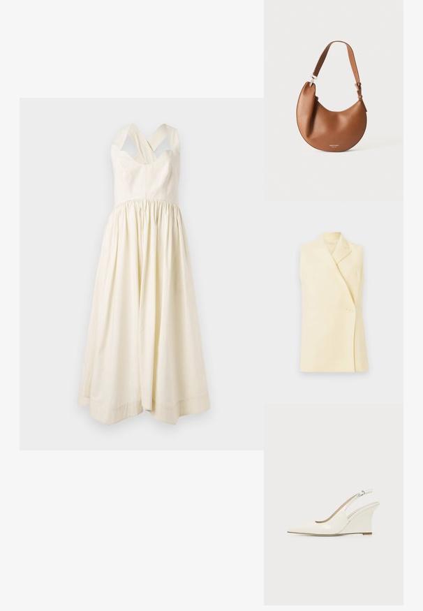 Sleeveless yellow blazer with a notched collar, single button closure, and a tailored shape. Soft fabric with a smooth texture.; Cream-colored cotton dress with a fitted bodice and a gathered, flowing skirt. Features broad crossed shoulder straps and a simple design.; White patent leather slingback wedge shoe with pointed toe and adjustable buckle strap on plain background.; Brown leather crescent-shaped shoulder bag with adjustable strap and small silver logo text at the bottom center.