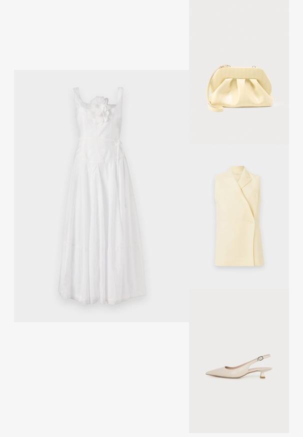 Blazer jaune sans manches avec un col à revers, une fermeture à bouton unique et une coupe ajustée. Tissu doux avec une texture lisse.; Robe midi blanche avec un corsage ajusté, des bretelles larges et un accent floral sur la gauche. Jupe fluide avec un léger éclat et un lien à la taille.; Chaussure slingback beige à bout pointu avec un petit talon kitten et une boucle latérale réglable sur fond blanc uni.; Pochette en cuir couleur crème avec un cadre supérieur structuré et une lanière pour poignet, présentée sur un fond clair uni.