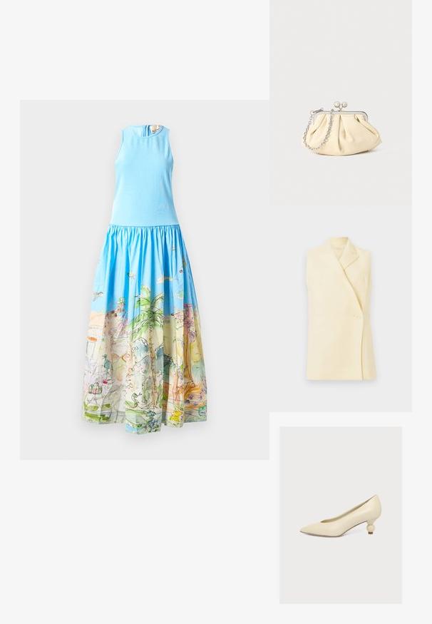 Bezrukávový žltý blazer s klopovým golierom, jedným gombíkom na uzavretie a prispôsobeným strihom. Mäkka tkanina s hladkou textúrou.; Modrá bezrúková šaty s priliehavým vrškom a plnou, vzorovanou sukňou s akvarelovými ilustráciami prírody a krajiny.; Krémová lodička so špicatou špičkou a nízkym, jedinečným púčikovým podpätkom na jednoduchom bielom pozadí.; Zhlý béžový kožený klobúk so strieborným kovovým rámom, ktorý má dve okrúhle dekoratívne zámky a strieborný reťazový popruh.
