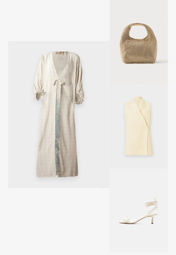 Ärmelloser gelber Blazer mit Spitzkragen, Einzelknopfverschluss und taillierter Form. Sanfter Stoff mit glatter Struktur.; Seidiger, cremefarbener Kimono-Robenstil mit tiefem V-Ausschnitt, tailliertem Gürtel und gepufften Ärmeln. Besitzt ein aufwendiges, teal-farbenes Muster im Inneren.; Sandale in Cremefarben mit niedrigem Absatz, Knöchelriemen zum Binden und breitem, verdrehtem Riemen über den Zehen auf weißem Hintergrund.; Kleine Handtasche in Gold-Ton, bedeckt mit glänzenden runden Nieten, mit kurzem Griff und rechteckigem Ausschnitt oben.