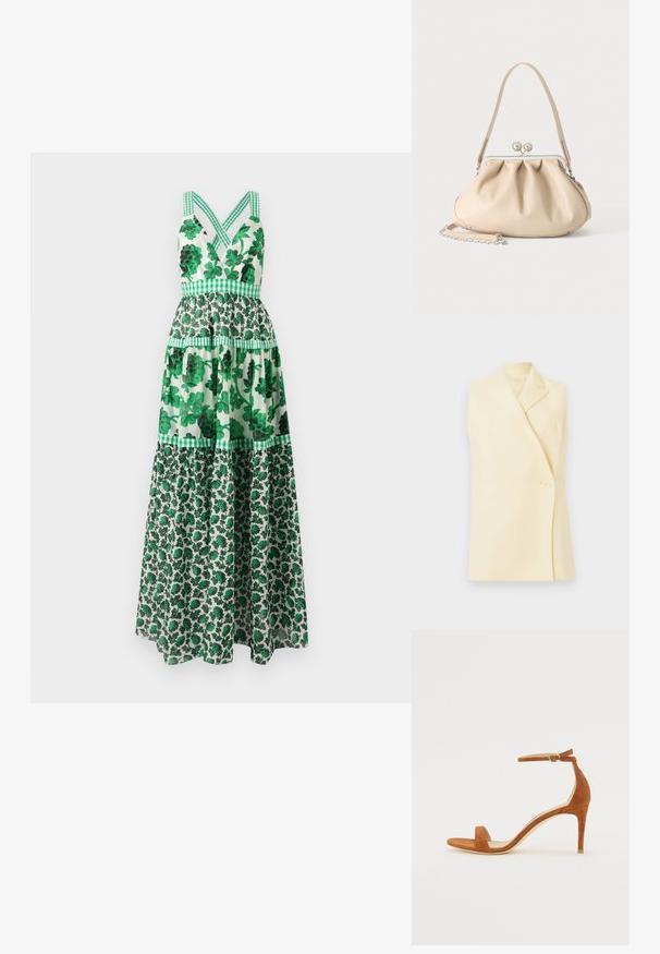 Blazer sin mangas amarillo con solapa, cierre de un solo botón y forma entallada. Tejido suave con una textura lisa.; Vestido maxi floral verde con un corpiño ajustado, tirantes cruzados, diseño de volantes y acentos a cuadros. Hecho de una tela ligera.; Sandal de tacón alto de ante marrón con una delgada correa en el tobillo y una hebilla dorada, puntera abierta y un diseño elegante y minimalista.; Bolso de mano de cuero suave beige con cierre de marco metálico plateado, una correa para el hombro y una correa de cadena opcional sobre un fondo blanco.