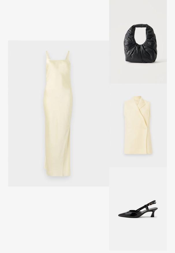 Mouwloze gele blazer met een gekartelde kraag, een enkele knopenclosure en een getailleerde pasvorm. Zachte stof met een gladde textuur.; Satijnen gele jurk met een rechte silhouet, spaghettibandjes en een zijsplit voor gemakkelijke beweging. Glad textuur en minimalistisch ontwerp.; Zwarte lakleren slingback kitten heel schoen met spitse neus en verstelbare gouden gespsluiting op een witte achtergrond.; Zwarte zachte leren schoudertas met samengeplooide plooien en afgeronde handgreep, rechtopstaand op een effen lichte achtergrond.