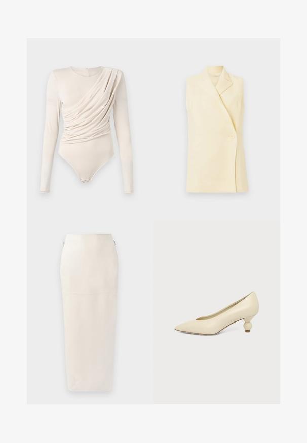 Mouwloze gele blazer met een gekartelde kraag, een enkele knopenclosure en een getailleerde pasvorm. Zachte stof met een gladde textuur.; Beige langemouwige bodysuit met gedrapeerde voorkant, zachte textuur en drukknoopsluiting onderaan. Elegante en aansluitende ontwerp.; Crème midi-jurk met een aangesloten silhouet, gemaakt van soepel materiaal, met een verborgen rits aan de zijkant en minimalistische naaddetails.; Dames schoen in roomkleur met een puntige neus en een lage, ronde balvormige hak op een effen achtergrond.