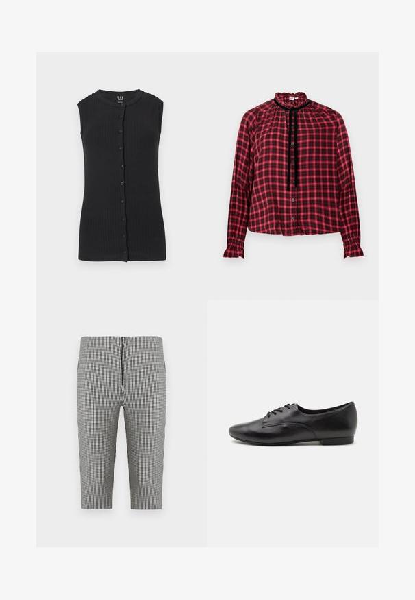 Sort ærmeløs top i ribstrik med rund halsudskæring og række af sorte knapper foran, designet til kvinder af GAP.; Rød og sort ternet langærmet bluse med flæset høj krave, knaplukning foran, sort fløjlsbeklædning og rynkede manchetter.; Sort-hvide houndstooth-mønstrede cropped bukser med lige snit, vist mod en ensfarvet baggrund.; Sorte lædersko med snørebånd, glat overflade, rund tå, lav hæl og enkelt design. Sidebillede der fremhæver den slanke form og syninger.