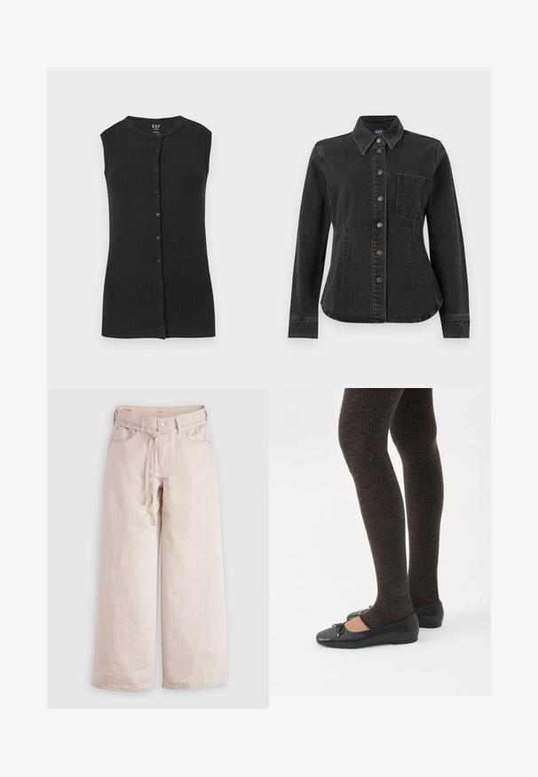 Sort ærmeløs top i ribstrik med rund halsudskæring og række af sorte knapper foran, designet til kvinder af GAP.; Sort denim-skjorte med knapper, lange ærmer, spids krave, enkelt brystlomme og synlige sømme for en tætsiddende pasform.; Lyse beige, vide denimbukser med knaplukning, bæltestropper og forlommer. Glat tekstur med en afslappet pasform.; Ben iført mørke ribbede leggings kombineret med sorte balletsko med små sløjfedetaljer på hvid baggrund.