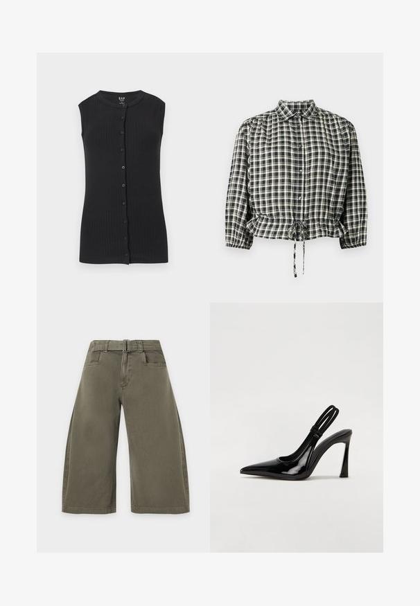 Haut sans manches en maille côtelée noire avec encolure ronde et rangée de boutons noirs à l'avant, conçu pour femmes par GAP.; Blouse à carreaux noirs et crème avec un col chemise, fermeture par boutons et taille élastiquée avec cordon de serrage. Manches longues avec poignets.; Pantalon court ample vert olive avec poches devant et ceinture en tissu assortie à la taille.; Escarpin en cuir verni noir à talon aiguille, à bout pointu, avec une sangle élastique double pour un maintien sécurisé. Surface lisse et brillante.