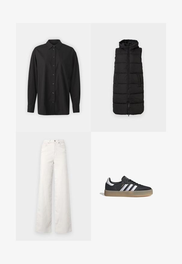 Chaleco acolchado negro con capucha, que presenta un cierre frontal, dos bolsillos laterales y secciones acolchadas horizontales para aislamiento.; GAP THE BIG SHIRT - Blusa - black; ONLY Tall ONLHOPE GLOBAL HIGH WAIST WIDE - Pantalones - pumice stone; Zapatilla deportiva de cuero negro con tres rayas plateadas, punta texturizada y suela de goma. Cuenta con un collar acolchado y un diseño con cordones.