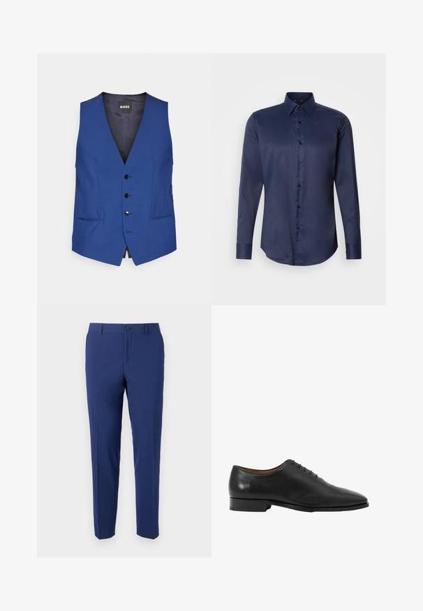 Blaue Weste mit tiefem V-Ausschnitt, fünf schwarzen Knöpfen, seitlichen Taschen und einer glatten Textur. Das Etikett trägt die Aufschrift "BOSS."; Marineblaues langärmliges Herrenhemd mit spitzem Kragen und vorderem Knopfverschluss, auf einem einfarbigen weißen Hintergrund präsentiert.; Hose in Marineblau aus glattem Stoff; schlanke Passform mit geradem Bein, Ein-Knopf-Verschluss und Seitentaschen.; Schwarzer Lederoffizielle Herrenschuh Oxford mit geschlossenem Schnürfutter und niedrigem Absatz, seitlich auf weißem Hintergrund gezeigt.
