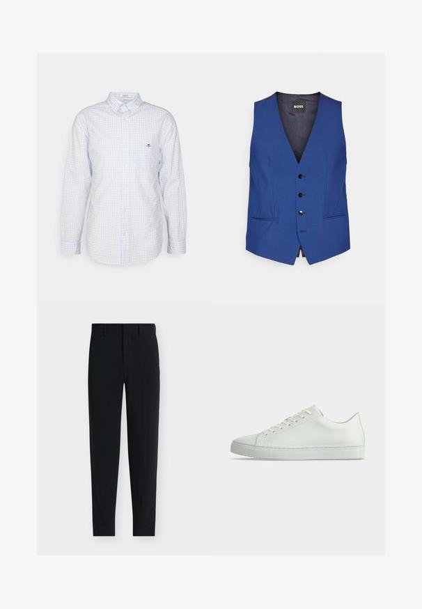 Gilet bleu avec un décolleté en V profond, cinq boutons noirs, poches latérales et une texture lisse. L'étiquette indique "BOSS."; Chemise à carreaux vichy bleu clair à boutons avec manches longues, col et petit logo sur la poitrine. Fabriquée en coton, avec une texture lisse.; Pantalon noir cintré sur mesure avec passants de ceinture et fermeture avant dissimulée, présenté sur fond blanc.; Baskets basses blanches avec lacets, empeigne en cuir lisse et semelle plate en caoutchouc, vues de profil sur un fond uni.