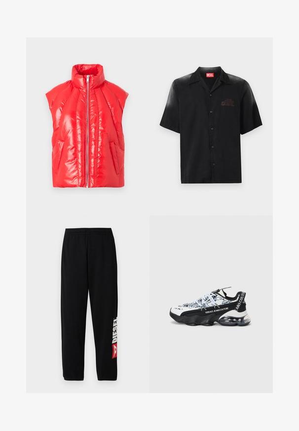 Doudoune sans manches rouge brillante avec col montant et fermeture éclair à l'avant, dotée de deux poches latérales sur un fond clair uni.; Chemise noire à manches courtes en tissu lisse avec un devant boutonné, arborant un logo embossé discret sur la poitrine gauche.; Pantalon de survêtement noir avec taille élastique, arborant un grand logo blanc "DIESEL" et un accent rouge sur la jambe gauche. Tissu doux et lisse.; Baskets de sport avec un motif marbré blanc et noir, dotées d'une semelle rembourrée, d'un design à lacets et d'une marque sur le côté et le talon.