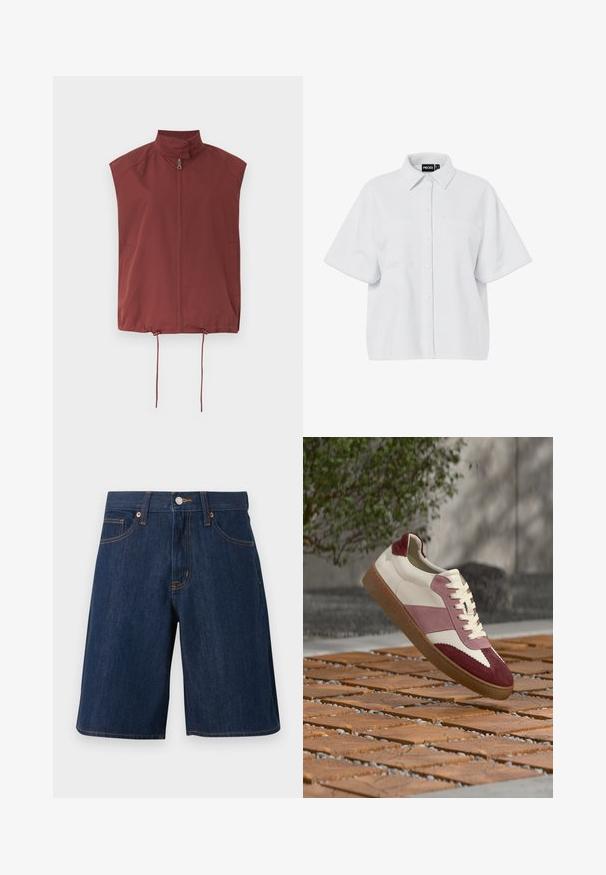 Veste sans manches de couleur rouille avec fermeture éclair avant, col montant, poches latérales et cordons réglables à l'ourlet.; Chemise blanche à manches courtes avec boutons, col pointu et deux poches poitrine, étiquetée "PIECES" à l'intérieur du col.; Short en jean bleu foncé avec poches avant, passants de ceinture, bouton en métal et coutures orange sur fond blanc uni.; Baskets en cuir blanc avec accents en suède bordeaux et rose, dotées d'une semelle texturée et d'un design classique à lacets, surélevées au-dessus d'une surface en bois.