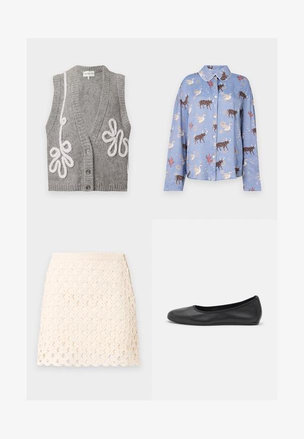 Cardigan sans manches gris tricoté avec un col en V profond, trois boutons et une broderie florale blanche en boucles sur les côtés avant.; Chemise à manches longues bleu clair avec un motif de taureaux bruns, de cygnes et d'éléments célestes ; fermeture par boutons et col contrasté.; Mini-jupe couleur crème avec motif en dentelle florale et petites perles décoratives, ourlet festonné et fermeture éclair latérale.; Ballerines en cuir noir avec un bout rond, texture lisse, détails de couture minimalistes et design de semelle flexible.