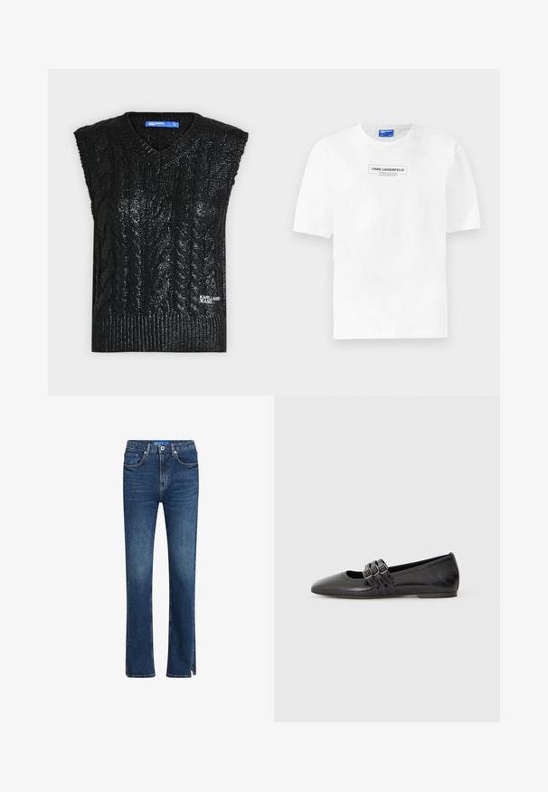 Mustast kabelimustriga varrukateta kampsunvest V-kaelusega ja "Karl Lagerfeld Jeans" logo alumisel küljel.; Valge puuvillane T-särk lühikeste varrukatega, millel on ristkülikukujuline must logo, kus rindkeres on keskel tekst "KARL LAGERFELD JEANS".; Sinine denim'ist valmistatud sirge säärega teksapüksid, viie taskuga, kontrastne õmblus ning külgtaskud hemmi detailideks.; Mustad musta kingadega, millel on terav nina ja mis on valmistatud siledast nahast. Omab kolme dekoratiivset rihma, millel on klambrid, üle jalalaba.