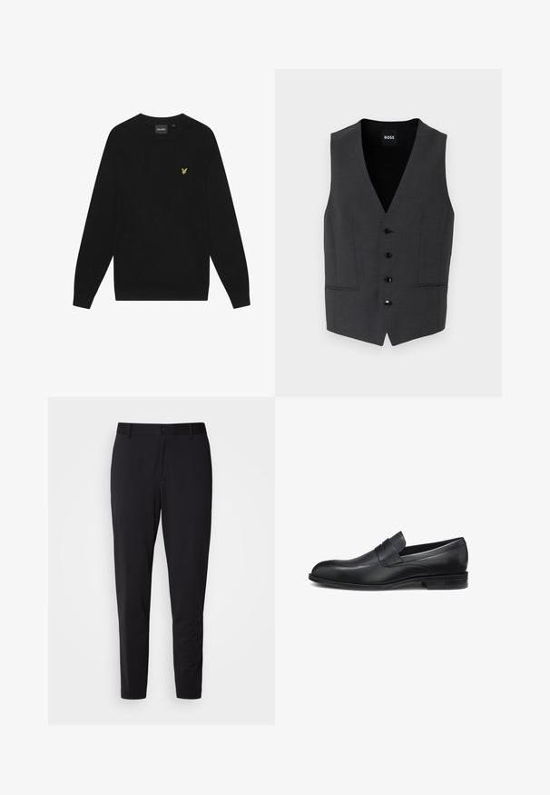 Donkergrijs vest met een slim fit, vijfknopen sluiting, notch revers en twee voorzakken. Gemaakt van een gestructureerde stof. Merkenlabel: BOSS.; Zwarte katoenen sweatshirt met lange mouwen en een ronde hals. Voorzien van een klein geel adelaarslogo op de borst. Zachte textuur.; Zwarte broek van een gestructureerde stof, met een rechte snit, standaard tailleband met een knoop, en zijzakken.; Zwarte leren herenslipper met gestructureerde wreef, instapmodel, lage hak en gladde afwerking, zijaanzicht tegen een witte achtergrond.