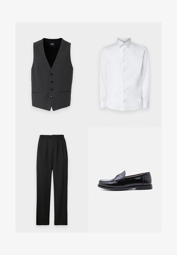 Chaleco gris oscuro de corte ajustado, con cierre de cinco botones, solapas de muesca y dos bolsillos frontales. Fabricado en una tela texturizada. Etiqueta de la marca: BOSS.; Camisa blanca de manga larga hecha de tela suave, con un cuello clásico, tapeta de botones y puños con botones, presentada sobre un fondo liso.; Pantalones negros con un patrón texturizado, que presentan una cintura ancha con un botón y pliegues delanteros para un ajuste entallado. Diseño de pierna recta.; Mocasines de cuero negro con acabado brillante, que presentan un diseño cosido en la puntera y una suela baja de goma negra texturizada.