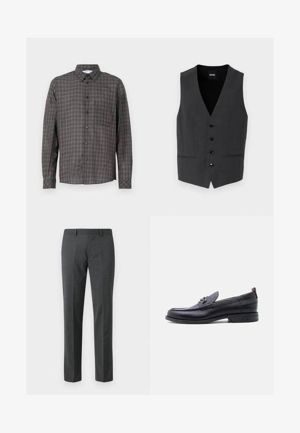 Chaleco gris oscuro de corte ajustado, con cierre de cinco botones, solapas de muesca y dos bolsillos frontales. Fabricado en una tela texturizada. Etiqueta de la marca: BOSS.; Camisa de cuadros de manga larga en gris oscuro con patrones de cuadros más claros, cierre de botones y un bolsillo en el pecho. Confeccionada en tela ligera.; Pantalones ajustados de color gris oscuro fabricados en un textil suave. Presentan perneras rectas, un frente plano y pasadores para cinturón. Sin patrones ni acentos visibles.; Mocasín de cuero negro con empeine gris texturizado, detalle de hebilla metálica plateada, tacón bajo y lengüeta para tirar en la parte trasera.