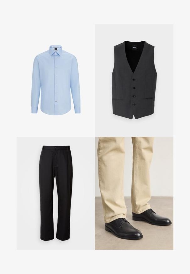 Dunkelgraue Weste mit schmaler Passform, fünf Knöpfen, Reverskragen und zwei Fronttaschen. Hergestellt aus einem strukturierten Stoff. Markenlabel: BOSS.; Himmelblaues, langärmliges Hemd mit Knopfleiste und klassischem Kragen, aus glattem Stoff gefertigt. Mit weißen Knöpfen an der Vorderseite und an den Manschetten.; Schwarze Hosen mit geradem Schnitt, aus leichtem Stoff gefertigt. Verfügt über einen vorderen Knopfverschluss und zwei seitliche Taschen; glatte Textur.; Schwarze Leder Schnürschuhe mit runder Zehenform, glatter Oberfläche und dezenten Nähdetails, getragen mit hellbeigen Hosen.