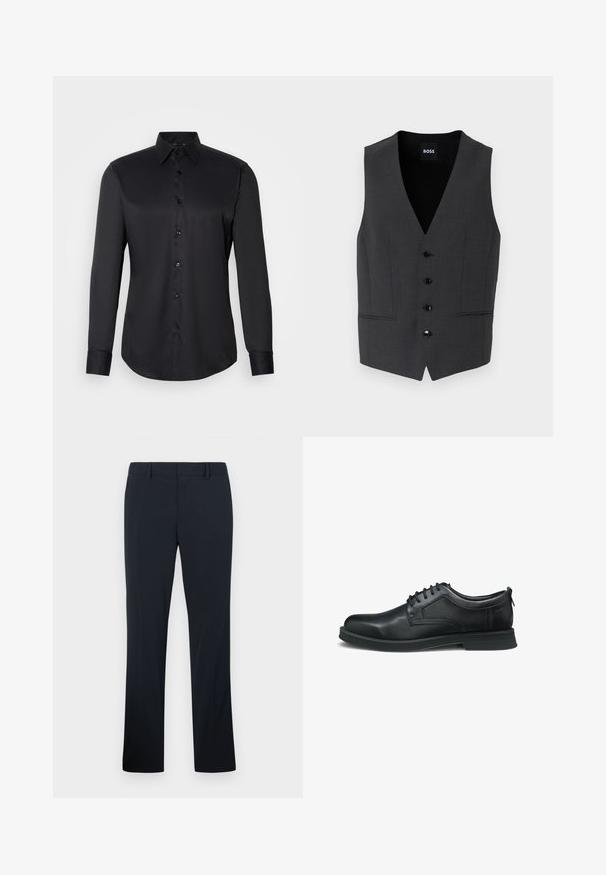 Chaleco gris oscuro de corte ajustado, con cierre de cinco botones, solapas de muesca y dos bolsillos frontales. Fabricado en una tela texturizada. Etiqueta de la marca: BOSS.; Camisa negra de manga larga con botones, hecha de una tela suave, que presenta un cuello clásico y un cierre de botones en el frente.; Pantalones de vestir negros de corte recto para hombre con trabillas para cinturón y cremallera frontal, mostrados sobre un fondo claro y liso.; Zapato de vestir de cuero negro con cordones, punta redonda, tacón bajo y detalle sutil de texto en relieve en el panel lateral.