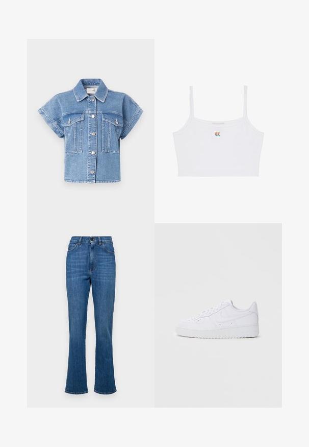 Lichtblauwe denim korte mouwen jacket met een kraag, knoopsluiting aan de voorkant en twee grote borstzakken. Kenmerken zijn stiksels en zilveren knopen.; Witte cropped top met dunne bandjes en een klein, meerkleurig "CK" logo in het midden van de borst.; Denim flare jeans in middelblauw met een hoge taille, vijf zakken en tonale stiksels. Voorzien van een knoop- en ritssluiting.; Witte Nike Air Force 1 sneakers met een leren bovenwerk, ronde neus, vetersluiting, gewatteerde kraag en textuurrubberzool.