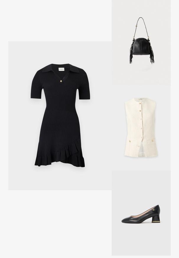 Gilet crème texturé sans manches avec encolure ronde, boutons dorés à l'avant et deux poches boutonnées à la taille.; Robe noire côtelée à manches courtes avec col, patte de boutonnage simple, taille cintrée et ourlet asymétrique à volants.; Escarpin en cuir noir avec un bout pointu, un talon bloc arrondi orné d'accent doré et une texture lisse. Intérieur doublé. Design simple.; Sac à main en cuir noir avec une forme courbée, une longue bandoulière réglable et des franges de chaque côté sur un fond clair.