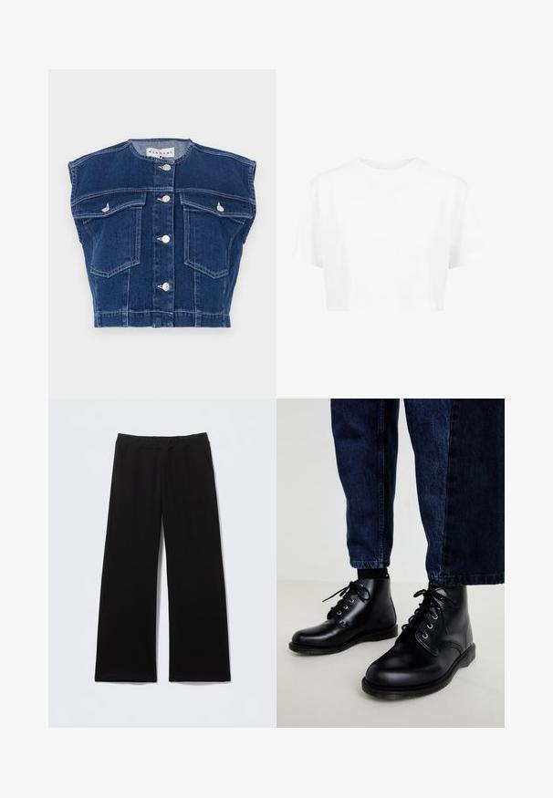 Donkerblauw denimvest met een ronde halslijn, mouwloos ontwerp, vier voorkruiszakken en zilveren knopen aan de voorkant.; Witte cropped t-shirt, korte mouwen, ronde halslijn, gemaakt van gladde stof, zonder zichtbare patronen of opvallende hardware.; Zwarte broek gemaakt van zachte stof, met een wijde pijp, een elastische tailleband en steekzakken aan de zijkant. Geen zichtbare patronen of accenten.; Zwarte leren enkellaarzen met ronde neuzen, een vetersluiting, zilveren veteroogjes en getextureerde zolen, gecombineerd met donkerblauwe spijkerbroeken.