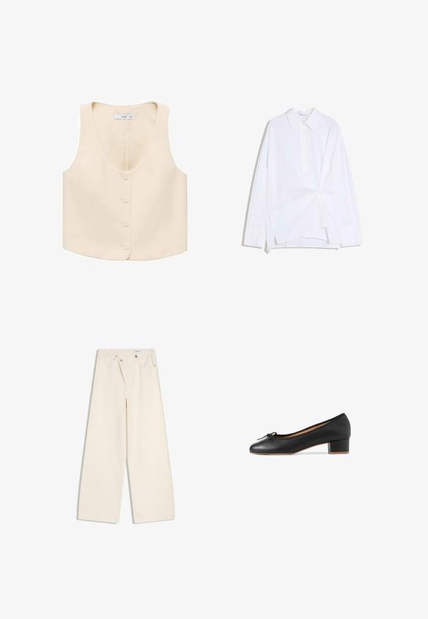 Ivory sleeveless vestti, jossa on sileä kangas ja syvä V-pääntie, viisi napin suljinta edessä ja muotoiltu helma.; Valkoinen pidempi hihoilla varustettu napitettava paita, jossa epäsymmetrinen kierretty etuosa ja klassinen kaulus, valkoisella taustalla.; Off-white -väriset leveälahkeiset housut, joissa on etutaskut, vyölenkit sekä hopeanväriset napit vyötäröllä ja taskujen reunoissa.; Mustat nahka-balletit, joissa on pyöreä kärki, pieni tukkijalka ja kangasreunus. Sisältää koristeellisen soljen kärkipuolella.