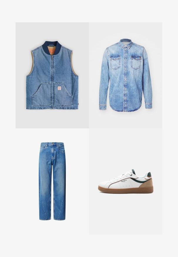 Mouwloos lichtblauw denimvest met ritssluiting aan de voorkant, twee schuine zakken, marineblauwe kraag en beige voering.; Lichtblauw denim shirt met lange mouwen, button-down kraag, twee borstzakken en contrasterende stiksels. Afgeronde zoom en klassieke pasvorm.; Lichtblauwe denim jeans met een hoge taille, wijde pijpen en schuin geplaatste zaknaden. Bevat vijf zakken en een knoopsluiting.; Witte lage sneaker met een bruine zool, groene en beige accenten, witte veters en het "Pepe Jeans London"-logo aan de zijkant.