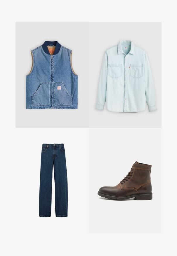 Chaleco sin mangas de mezclilla azul claro con cremallera frontal, dos bolsillos inclinados, cuello azul marino y forro interior beige.; Camisa vaquera de manga larga azul claro con botones en la parte frontal, dos bolsillos en el pecho y cuello, mostrada sobre un fondo claro y liso.; Vaqueros de mezclilla en azul oscuro, con un corte de pierna ancha, diseño de cinco bolsillos y un cierre clásico de botón con cremallera de metal.; Jack & Jones JFWDELANEY BOOT - Botines con cordones - cognac
