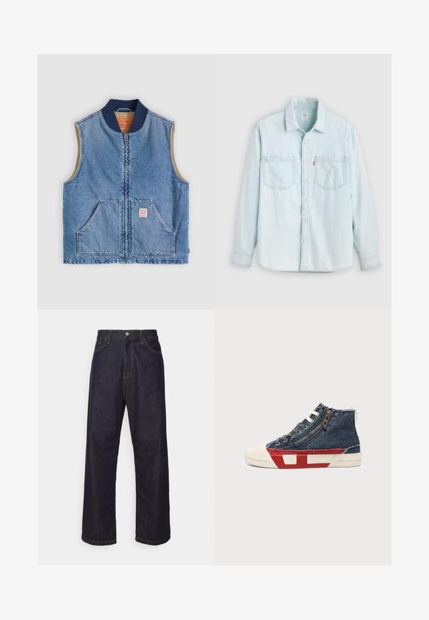 Mouwloos lichtblauw denimvest met ritssluiting aan de voorkant, twee schuine zakken, marineblauwe kraag en beige voering.; Lichtblauw denim overhemd met lange mouwen, knopen aan de voorkant, twee borstzakken en een kraag, afgebeeld tegen een effen lichte achtergrond.; Donkerblauwe rechte spijkerbroek met gele stiksels, voorknop, ritssluiting en vijf pocket ontwerp.; High-top sneaker met blauwe denimstof, witte veters, zijrits en rood-wit zoolontwerp op een effen achtergrond.