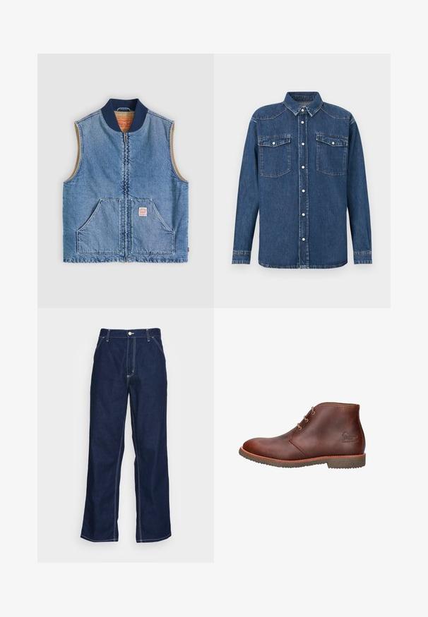 Mouwloos lichtblauw denimvest met ritssluiting aan de voorkant, twee schuine zakken, marineblauwe kraag en beige voering.; Donkerblauw denim overhemd met een knoopsluiting aan de voorkant, een puntige kraag, twee borstzakken en lange mouwen met knoopmanchetten.; Donkerblauwe denim broeken met wijde pijpen, met een hoge taille, voorzakken en contrasterende witte stiksels langs de naden.; Bruine leren enkellaars met drie oogjes voor veters, rubberen zool en een reliëflogo aan de zijkant.