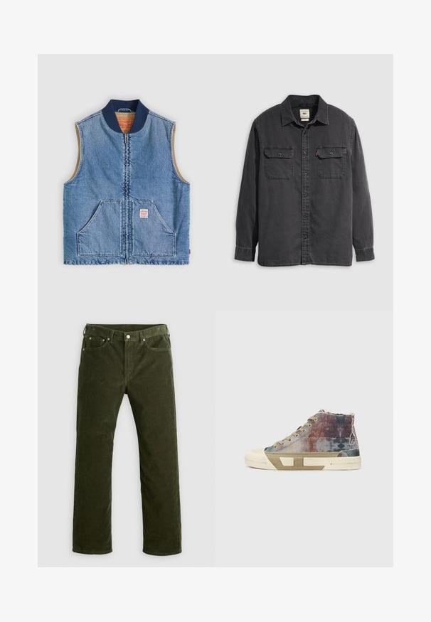 Ærmeløs lys blå denimvest med lynlås foran, to skrånende lommer, marineblå krave og beige inderfor.; Sort langærmet skjorte med knappet front, krave og to brystlommer. Lavet af bomuld med en blød tekstur og en afslappet pasform.; Oliven grøn kordfløjspants med lige ben, med frontknap, lynlås, bæltesløjfer og fem-lomme design på hvid baggrund.; Høje sneakers med en multifarvet lærredsoverdel med falmede mønstre, beige sål og minimalistisk design. Eksponeret syning og detaljer.