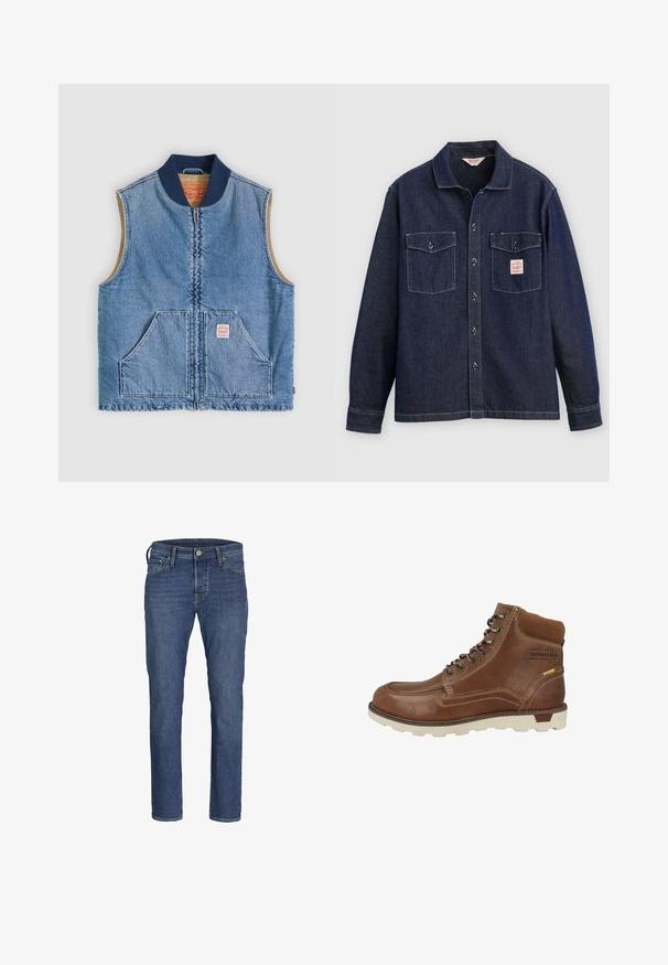 Ærmeløs lys blå denimvest med lynlås foran, to skrånende lommer, marineblå krave og beige inderfor.; Mørk denimskjorte med krave, to brystlommer og knaplukning foran. Har kontrastsyninger og en label på venstre lomme.; Herre blå denim jeans med lige ben-design, fem lommers styling og klassisk knap- og lynlåslukning.; Brun læder vandrestøvle med polstret krave, metaløjer, hvid gummisål og kontrasterende syninger. Teksten på siden lyder "LAVET TIL DAGLIGE EVENTYR."