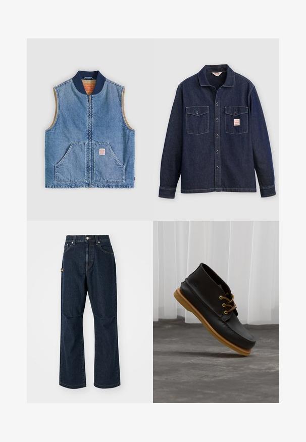 Ærmeløs lys blå denimvest med lynlås foran, to skrånende lommer, marineblå krave og beige inderfor.; Mørk denimskjorte med krave, to brystlommer og knaplukning foran. Har kontrastsyninger og en label på venstre lomme.; Mørkeblå denim jeans med lige ben, frontlommer og en sidelomme. Har stiklinger i kontrastfarve og en knap i taljen.; Sorte lædersko med en glat overflade, rund tå, brune snørebånd og lysebrune gummisåler. Logo præget på siden.