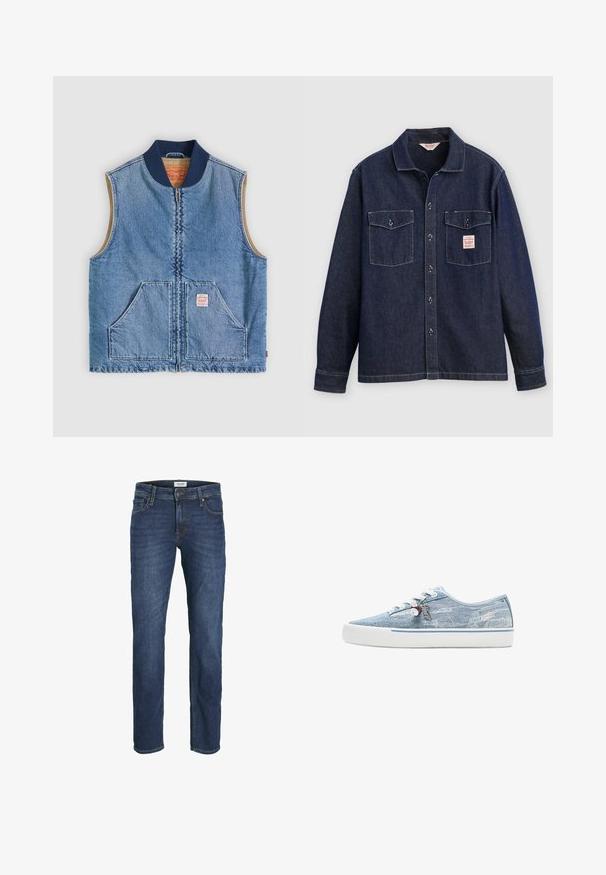 Ærmeløs lys blå denimvest med lynlås foran, to skrånende lommer, marineblå krave og beige inderfor.; Mørk denimskjorte med krave, to brystlommer og knaplukning foran. Har kontrastsyninger og en label på venstre lomme.; Mørkeblå denim jeans med lige ben pasform, fem-lomme design og synlige syninger detaljer. Klassisk knap- og lynlås-lukning.; Lavtopet sneaker i lyseblåt denim med hvid gummisål, hvide snørebånd og dekorative charms, der hænger fra de sideplacerede snørehuller.