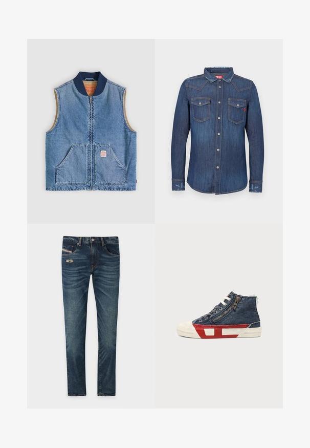 Chaleco sin mangas de mezclilla azul claro con cremallera frontal, dos bolsillos inclinados, cuello azul marino y forro interior beige.; Camisa de mezclilla azul oscuro con mangas largas, cuello puntiagudo, dos bolsillos en el pecho, cierres con botones plateados y sutiles detalles desgastados.; Jeans de denim azul oscuro con un acabado ligeramente deslavado, que presentan un detalle desgate en la parte frontal y cinco bolsillos, incluyendo un pequeño bolsillo para monedas.; Zapatilla deportiva de caña alta con tela vaquera azul, cordones blancos, cremallera lateral y diseño de suela en rojo y blanco sobre un fondo liso.