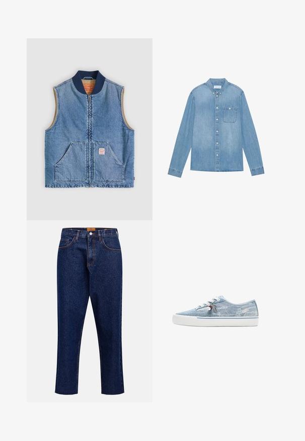Ærmeløs lys blå denimvest med lynlås foran, to skrånende lommer, marineblå krave og beige inderfor.; Lys blå denim skjorte med knapper, lange ærmer, spids krave, en enkelt brystlomme og subtil falmning på stoffet.; Mørkeblå denimjeans med lige snit, høj talje, fem lommer og frynset kant. Kontrastsyning og detalje med knaplukning.; Lavtopet sneaker i lyseblåt denim med hvid gummisål, hvide snørebånd og dekorative charms, der hænger fra de sideplacerede snørehuller.