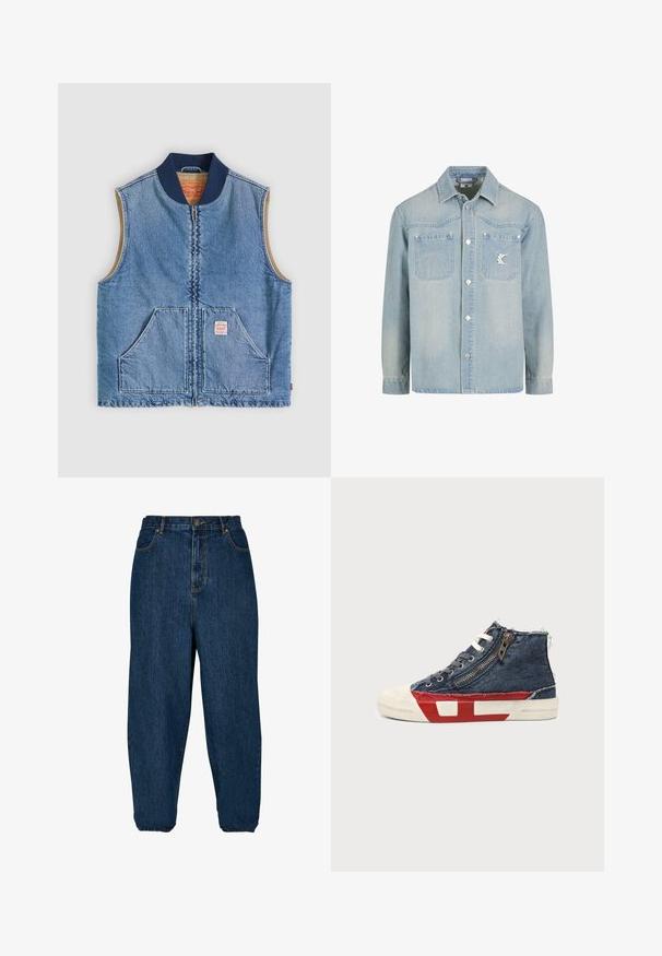 Veste sans manches en denim bleu clair avec fermeture éclair frontale, deux poches inclinées, col bleu marine et doublure intérieure beige.; Veste en denim bleu clair à manches longues, deux poches poitrine, boutons pression à l'avant et petit logo blanc sur la poche droite.; Jean en denim bleu foncé avec une coupe décontractée, taille haute et poignets élastiques. Il dispose d'une fermeture à bouton à l'avant et de cinq poches.; Baskets montantes en tissu denim bleu, lacets blancs, fermeture éclair latérale et semelle rouge et blanche sur fond uni.