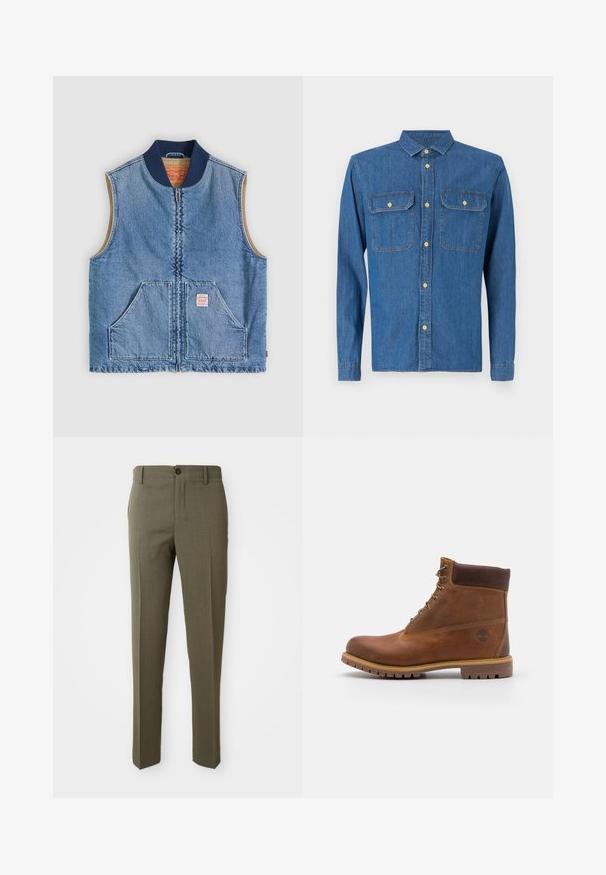 Mouwloos lichtblauw denimvest met ritssluiting aan de voorkant, twee schuine zakken, marineblauwe kraag en beige voering.; Denim shirt in donkerblauw, met lange mouwen en knoopmanchetten, puntige kraag, twee borstzakken en een knoopsluiting aan de voorkant met gouden hardware.; Olijfgroene op maat gemaakte broeken met een gladde textuur, recht pijpdesign, enkele frontknop en zijzakken voor functionaliteit.; Bruine leren wandelschoen met een gladde afwerking, gevoerde enkel, metalen oogjes en een rubberen zool met een robuust profiel.