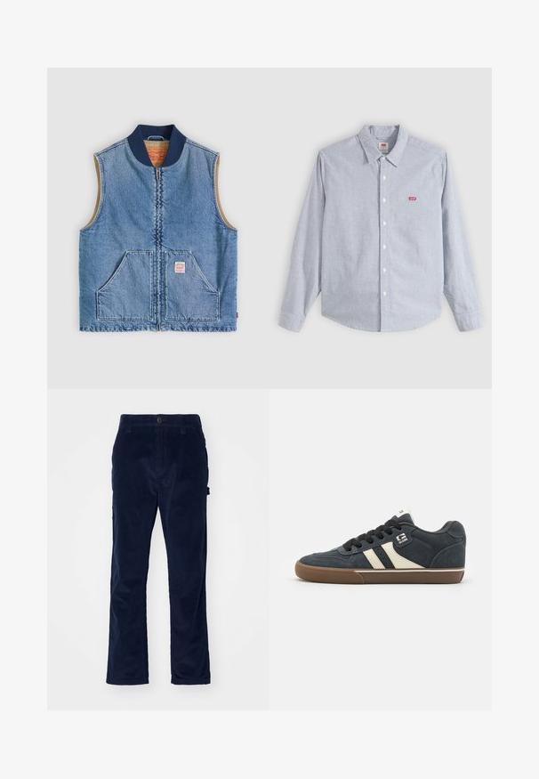 Veste sans manches en denim bleu clair avec fermeture éclair frontale, deux poches inclinées, col bleu marine et doublure intérieure beige.; Chemise à manches longues, rayée bleu clair et blanc, avec col et petit logo rouge Levi's sur la poitrine gauche.; Pantalon en velours côtelé marine avec une coupe droite, présentant une texture à côtes verticales et une fermeture à bouton à l'avant.; Baskets en daim bleu foncé avec des rayures crème, lacets noirs et semelle en caoutchouc marron. Comprend un col rembourré et un logo sur le côté.